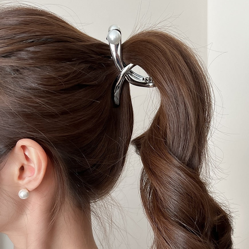 Metal Faux Pearl Hair Clip Women, New High-End Hairpin, Medium Size Shark Clip Back Of, Updo Hair