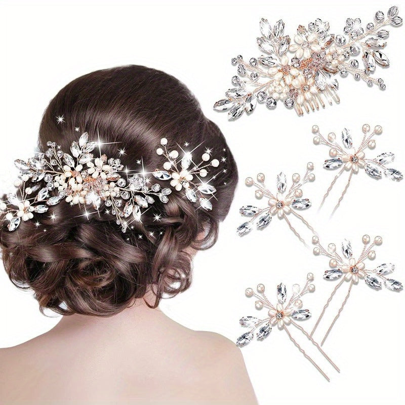 5pcs Sparkling Wedding Hair Clips with Artificial & Rhinestones - U-Shaped Side Combs for Braids, Buns, Updos - Bridal Hair Accessories Suitable for Weddings, Proms, Banquets