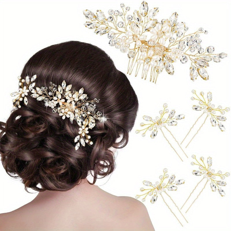5pcs Sparkling Wedding Hair Clips with Artificial & Rhinestones - U-Shaped Side Combs for Braids, Buns, Updos - Bridal Hair Accessories Suitable for Weddings, Proms, Banquets