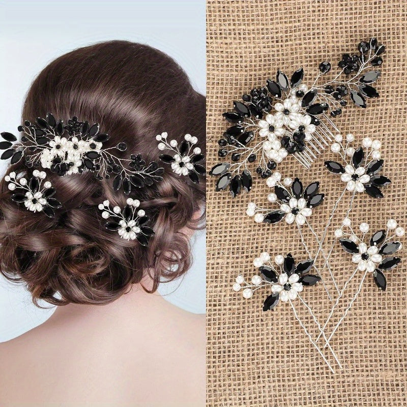 5pcs Sparkling Wedding Hair Clips with Artificial & Rhinestones - U-Shaped Side Combs for Braids, Buns, Updos - Bridal Hair Accessories Suitable for Weddings, Proms, Banquets