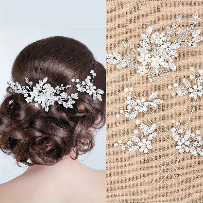5pcs Sparkling Wedding Hair Clips with Artificial & Rhinestones - U-Shaped Side Combs for Braids, Buns, Updos - Bridal Hair Accessories Suitable for Weddings, Proms, Banquets
