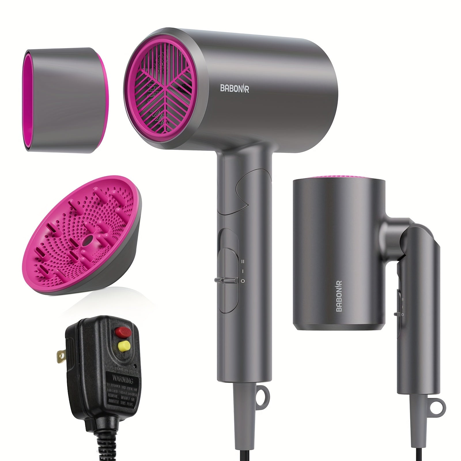 1875W High-power Pink Travel Hair Dryer, Foldable Design, With Diffuser And Focusing Nozzle, Compact Powerful Ion Hair Dryer, 3-speed Temperature Control And 2-speed Wind Speed, Fast Drying Hair