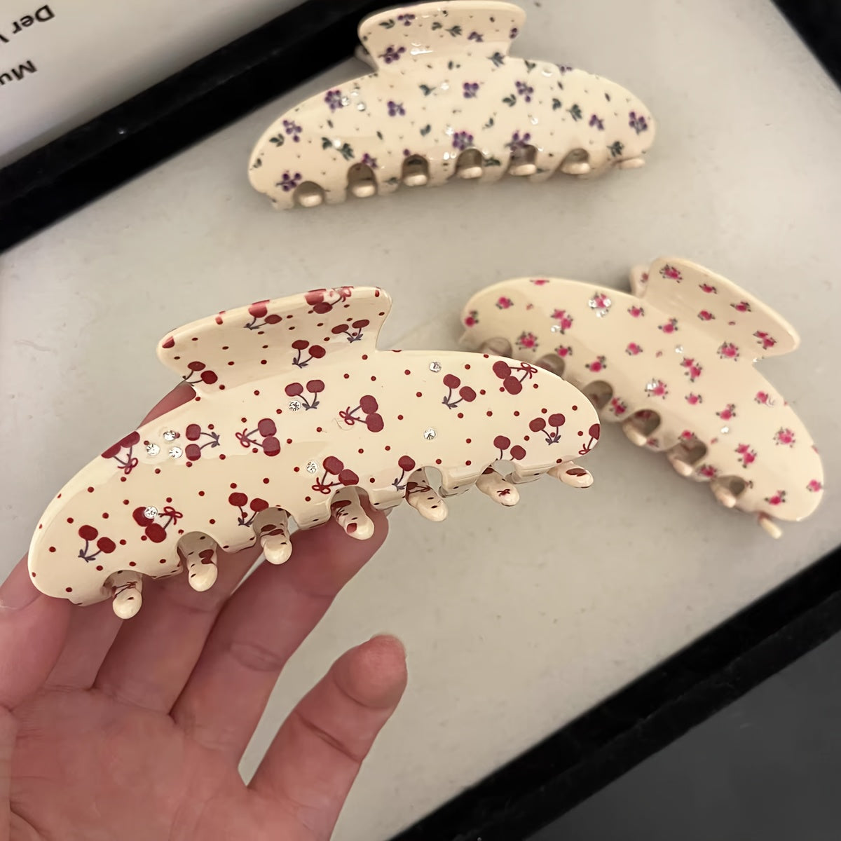 Single Sweet Cherry and Blueberry Floral Hair Clip | Perfect for Valentine'S Day, French Country Style Bun Maker, Fresh and Elegant Spring and Summer Style, Ideal for Medium and Long Hair with Rhinestone Details