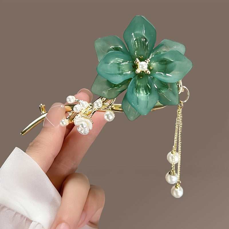 1pc Elegant Green Lily of the Valley Hairpin | Vintage White Zinc Alloy, Twisted Design with Fringe and Plastic Beads, Suitable for Women, New Chinese Decoration