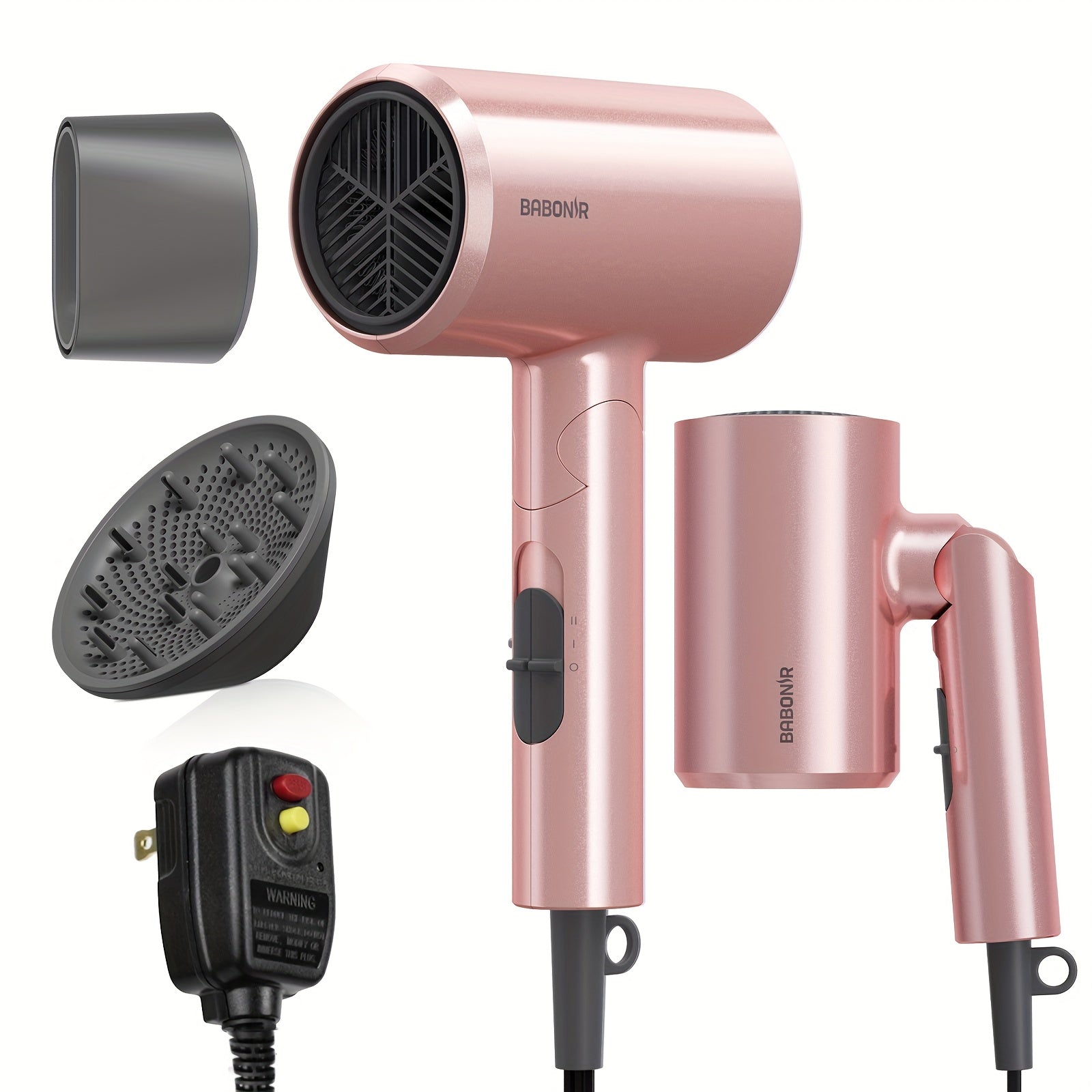 1875W High-power Pink Travel Hair Dryer, Foldable Design, With Diffuser And Focusing Nozzle, Compact Powerful Ion Hair Dryer, 3-speed Temperature Control And 2-speed Wind Speed, Fast Drying Hair