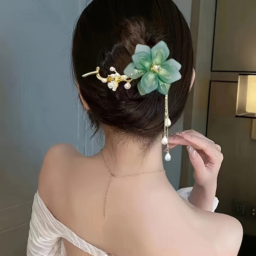1pc Elegant Green Lily of the Valley Hairpin | Vintage White Zinc Alloy, Twisted Design with Fringe and Plastic Beads, Suitable for Women, New Chinese Decoration