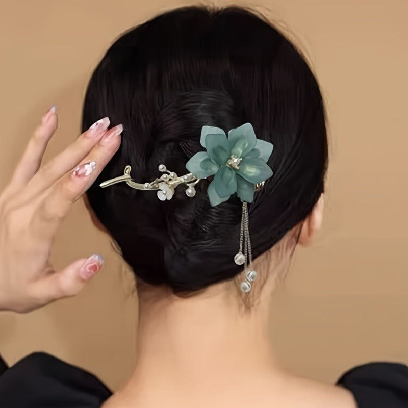 1pc Elegant Green Lily of the Valley Hairpin | Vintage White Zinc Alloy, Twisted Design with Fringe and Plastic Beads, Suitable for Women, New Chinese Decoration