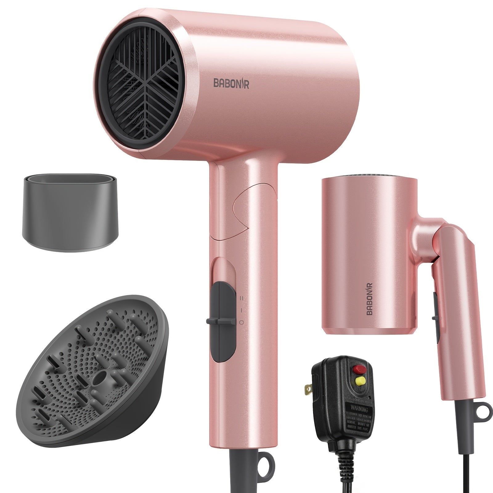 1875W High-power Pink Travel Hair Dryer, Foldable Design, With Diffuser And Focusing Nozzle, Compact Powerful Ion Hair Dryer, 3-speed Temperature Control And 2-speed Wind Speed, Fast Drying Hair